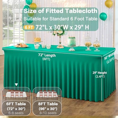 2 Pack Emerald Green Spandex Tablecloth for 6 Foot Rectangle Tables, Wrinkle Free Fitted Table Clothes Cover 6ft Green Stretchy Tablecloths with Skirt for Parties Weddings Birthday Banquet Baby Shower - Image 5