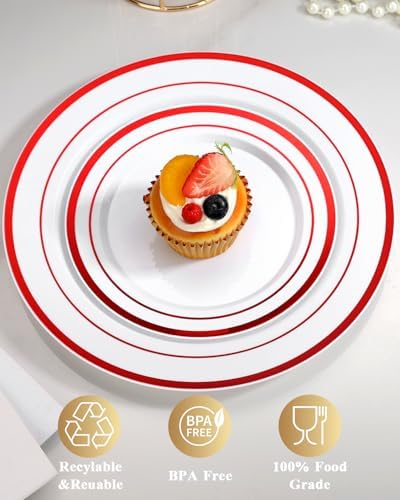 Goodluck 120 Pack Red Rim Plastic Plates - 60 Dinner Plates (10.25") & 60 Dessert Plates (7.5") - Heavy Duty Disposable White Plates with Elegant Red Trim - Premium Dinnerware Set for Wedding - Image 5