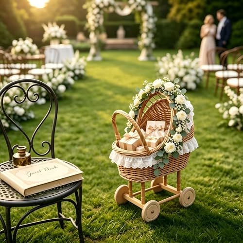 Vintage Wicker Baby Carriage Centerpiece with White Lace Trim (XL Wicker Carriage a) - Image 7