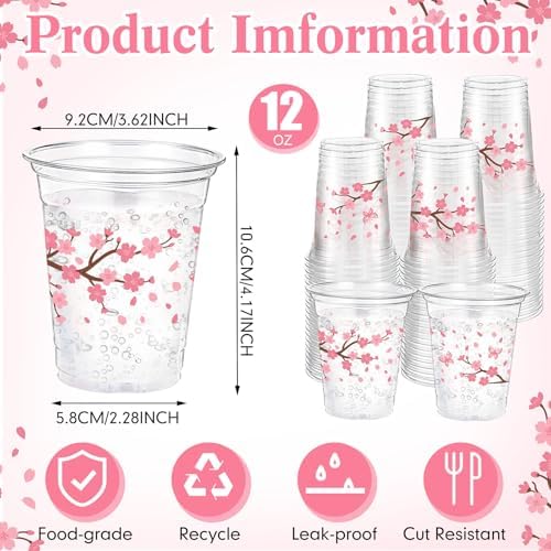 100 Pack Cherry Blossom Plastic Cups for Party Decorations,12 oz - Image 2