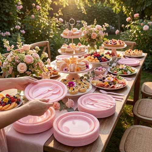MirthMood 350pcs Pink Plates Disposable,Pink Plastic Plates for Party - Image 5