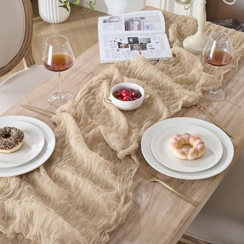 12 Pack Tan Beige Cheesecloth Table Runners, 120 Inch 10Ft Gauze Table Runner for Wedding Birthday Party Baby Shower Decorations - Image 5