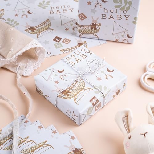 WRAPAHOLIC Jumbo Baby Shower Wrapping Paper - 30 Inch x 100 Feet Jumbo Roll - Hello Baby and Rabbit in Bassinet Design for Neutral Baby Shower, Boys Girls Kids Birthday - Image 7