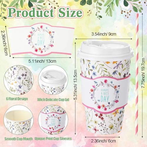 Jingmore 48 Sets 16oz Disposable Paper Coffee Cups with Lids Sleeves Straws Holiday Paper Drinking Cups Bulk for Hot Cold Beverages Home Business Cafe Birthday Party Supplies (Boho Flowers) - Image 3