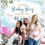10x8ft Baby Shower Backdrop for Boy, A Sweet Baby Boy is On His Way Banner, Blue Greenery Baby Shower Decorations for Gender Reveal Party, Newborn Photo Background Photography Decor - Image 4