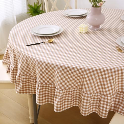 Taupe White Gingham Tablecloth Round Dia.70“ by KMASANIJI
