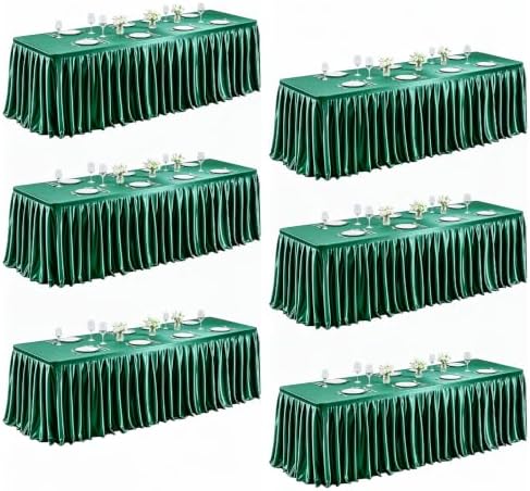6 Packs Green Satin Tablecloths Rectangle 8FT, Glitter Spandex Fitted Stretch Table Covers Wrinkle-Free Floor Length Shimmer Table Skirt for Weddings Parties Baby Shower Banquets Vendor Events by Partisky