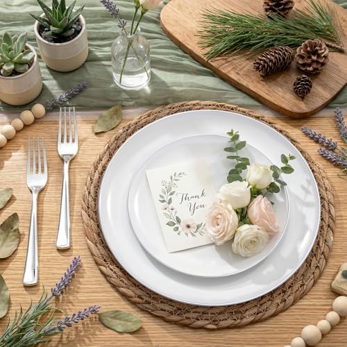 KIRE 100PCS Silver Plastic Plates - Heavy Duty White Disposable Plates with Silver Rim for Party/Wedding - Include 50Pcs 10.25inch Dinner Plates and 50Pcs 7.5inch Dessert Plates for Party - Image 3