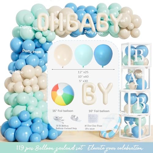Party Inspo Baby on Board Baby Shower Decorations - 122Pcs Surf Theme Party Supplies for Boys with Backdrop, Tablecloth, Balloon Boxes and Ocean Blue Garland Kit - Image 3