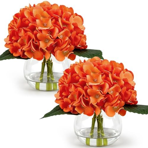 Zeyune 2 Pack Fall Orange Hydrangea Artificial Flowers with Vase Faux Water Autumn Silk Fake Flowers Realistic Faux Flower for Thanksgiving Wedding Party Home Table Centerpiece Decoration by Zeyune