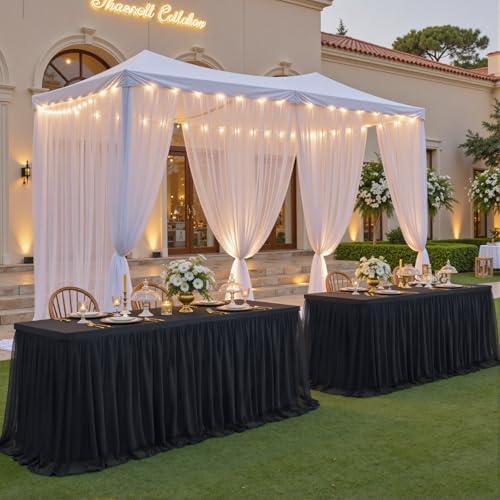 leegleri 4 pk Black Tulle Table Cloths for 8 Foot Rectangle Tables, 2-in-1 Black Table Covers with Tulle Skirt,Wrinkle Free Stretchy Ruffle Tulle Tablecloth Fitted for Wedding Party Banquet Vendor by LeegleriTableSkirt