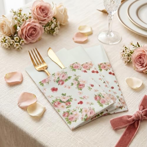 Potchen 100 Pcs Linen Feel Napkins Disposable, Vintage Rose Floral - Image 2
