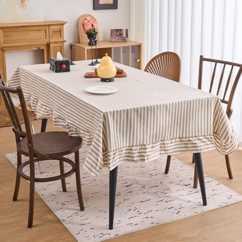vctops Farmhouse Khaki Stripe Ruffle Table Cloth, Boho Cotton Linen Tablecloth, Washable Table Cover for Rectangle Table Baby Shower Kitchen Party Wedding Decor (Khaki B,70"x118") - Image 2