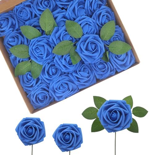 100Pcs Royal Blue Artificial Flowers Realistic Roses, Real Looking Fake Roses with Stem for DIY Wedding Bouquets Centerpieces Bridal Shower Party Home Romantic Decorations (Blue, 100pcs) by BringmoreJoyinyourlife
