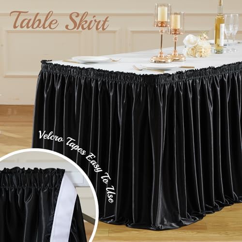 PARTISKY 14ft Length Black Satin Table Skirt for Rectangle Tables-Wrinkle Resistant Ruffle Table Skirting Glitter Desk Cover Skirt for Wedding Birthday Party Office School Dorm Desk Trade Show Decor - Image 5