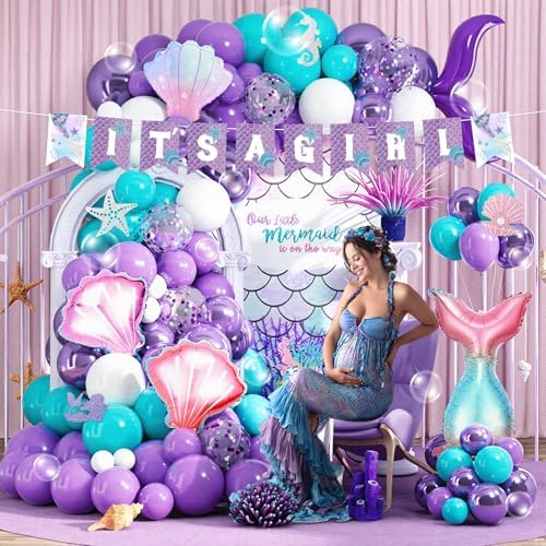 Hombae Mermaid Baby Shower Decorations Include Our Little Mermaid Is on the Way Backdrop, Balloon Garland, Banner, Tablecloth, Cake Topper, Box for Girls Ocean Under the Sea Baby Shower, 122 PCs - Image 6