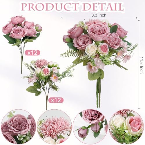 Peonies Artificial Flowers Bulk, 24 Bundles - Dusty Rose - Image 2