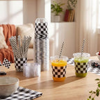 LemonRoad 50sets 16oz Checkered Cups Race Car Birthday Party Decorations Supplies Plastic Cups Disposable with Lids and Straws for Racing Themed Party Christmas Birthday Wedding Baby Shower Decoration - Image 2