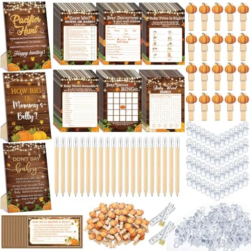 476 Pcs Fall Pumpkin Baby Shower Games, 8 Activities, Pacifier Hunt Games by Sherr