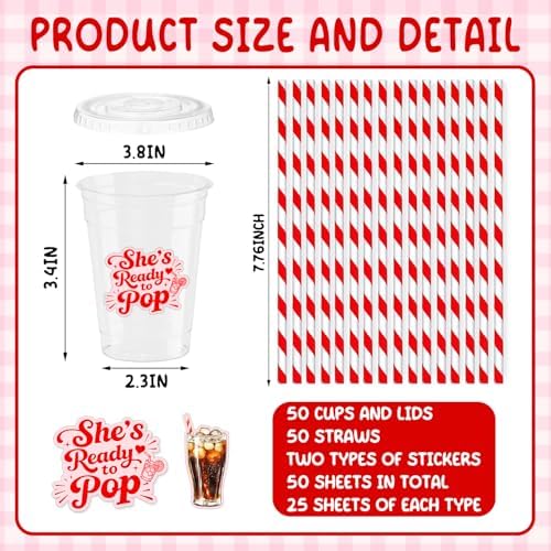 She's Ready to Pop Baby Shower Cups with Straws, 50 Pcs 12 oz Disposable Plastic Cups with Bar Sign – for Soda Theme, Pregnancy Announcement, Bridal Showers and Bachelorette Parties (Pink) - Image 3