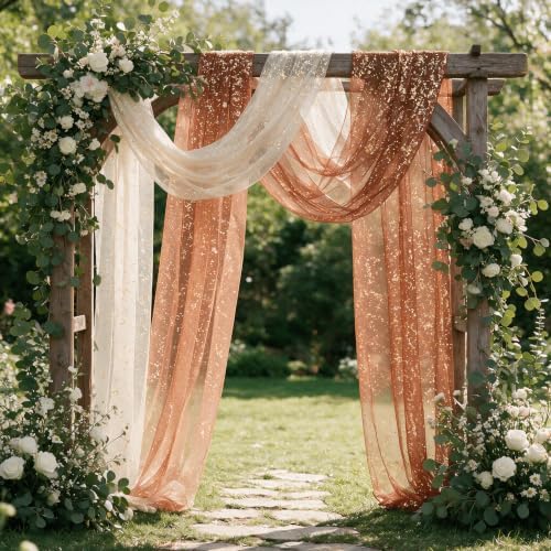 Artoid Mode 6PC Beige Caramel Orange Gauze Table Runner 120 Inch 10FT, Glitter Metallic Foil Sheer for Wedding Anniversary Holiday Birthday Home Party Decor - Image 5