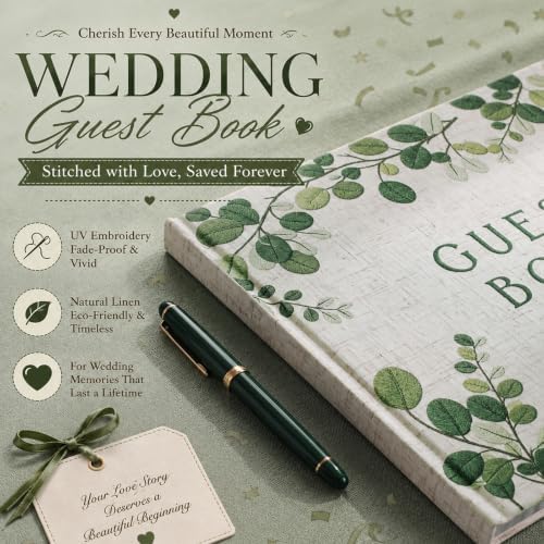 Engrowtic Embroidered Eucalyptus Leaves Wedding Guest Book Linen - Image 3