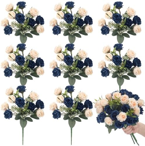 Zeyune 8 Pack 12 Inch Artificial Rose Bouquet, Navy Blue and Champagne by Zeyune