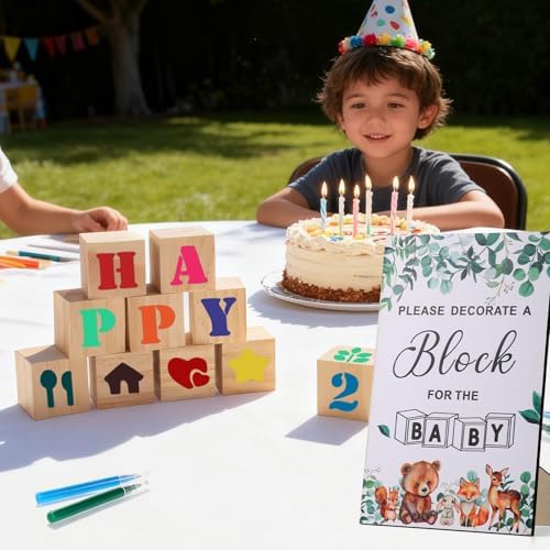 101 Pcs Baby Shower Blocks Games Sets, Baby Coloring Blocks for Baby Shower, 60 DIY 3.5cm Blank-Wooden-Block 4 Large-Stencils 36 Colorful-Marker 1 Decorate-Wooden-Sign, Baby Shower Blocks to Decorate - Image 6