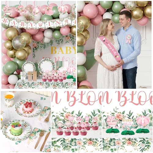 Baby in Bloom Baby Shower Decorations, 293pcs All-in-One Baby Shower Decor Kit Baby Box Banner Backdrop Tablecloth Plates Cake Topper Balloon Arch Sash Corsage Floral Sage Babyshower for Girl Boy - Image 7