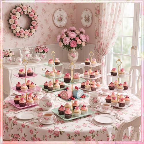 8 Pcs 3 Tier Serving Tray Cupcake Stand, Square, White, Pink, Green - Image 3
