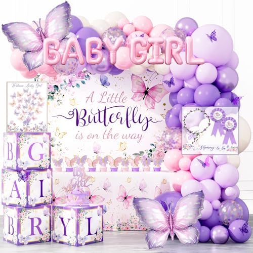 Party Inspo Butterfly Baby Shower Decorations for Girl – 146 PCs A Little Butterfly Is on Her Way Baby Shower Party Supplies Includes Purple & Pink Balloons, Backdrop, Cake Topper, Sash, Badges by Unknown