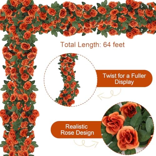 Aneco 8 Pack 64 FT Terracotta Flower Garland Fall Artificial Rose Vines Roses Fake Vine Flowers Plants Party Supplies for Fall Holiday Wedding Garden Craft Art Decoration - Image 3