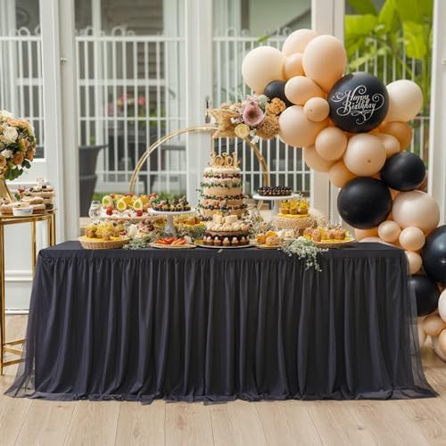 Black Tulle Tablecloths for 6 Foot Rectangular Tables 6ft Black Table Cloth Rectangle Wrinkle Free Stretch Spandex Table Cover with Tutu Skirt for Wedding Birthday Party Banquet Buffet Tradeshow by Suppromo