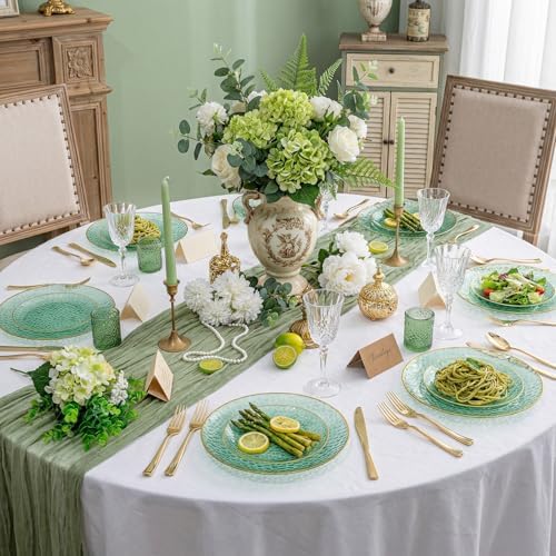Rubtlamp 350 Pcs Green Plastic Dinnerware Set, Green and Gold Plastic Plates, Hammered Party Plates Include Dinner Platos, Dessert Platos, Cups, Gold Cutlery Set And Napkins for Party - Image 5