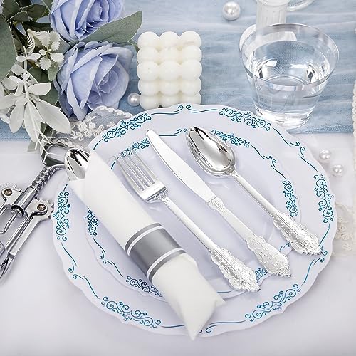 DaYammi 350PCS White and Blue Plastic Dinnerware Set for 50 Guests - Image 3