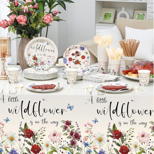 452 Pcs Wildflower Baby Shower Party Supplies for 50 Guest, Vintage a Little Wildflower Is on the Way Paper Plates Napkins Cups Tablecloth Cutlery Straws for Spring Summer Baby Shower Party Decoration - Image 5
