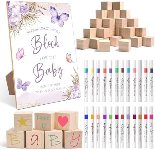 Purple Butterfly Baby Shower Decorate a Block Game Set 79 Pieces,Baby Shower Blocks for Gender Reveal Games, Includes 54 Blank Baby Building Blocks, 24 Watercolor Markers, 1 Baby Shower Game Sign,4 by Mopwe
