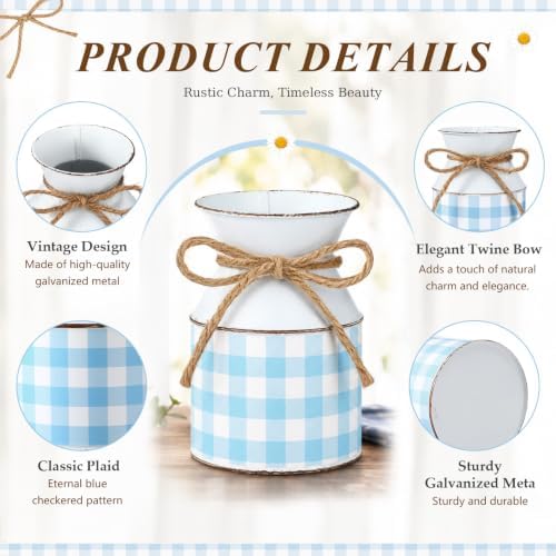 Domensi 6 Pcs Farmhouse Metal Flower Vase, Blue Gingham Table Centerpiece - Image 3