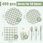 Funnymoom 400 Pcs Gingham Party Supplies for 50 Guests Green and White - Image 2
