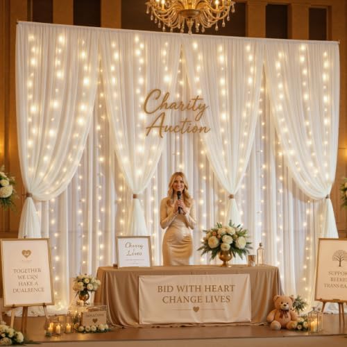 10ft x 10ft Cream White Chiffon Backdrop Curtain with Lights String for Parties,2 Panels Sheer Tulle Curtain Wedding Backdrop for Baby Shower Birthday Party Ceremony Reception Home Decorations - Image 5