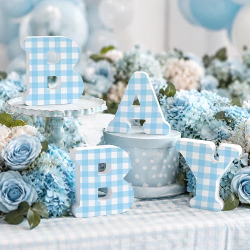 4 Pcs Blue Plaid Baby Shower Decorations Wooden 3D Baby Letters, 6 inch Blue Gingham Theme Wooden Blocks for Party Decor, Rustic Centerpiece for Gender Reveal Birthday Nursery Decor by Elasign