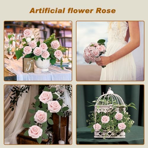 Artificial Flowers Realistic Roses, 100pcs Real Looking Fake Roses with Stem for DIY Wedding Bouquets Centerpieces Bridal Shower Party Home Romantic Decorations (Light Pink) - Image 3