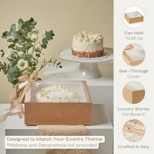 Pack of 5 Bakery Boxes with Window (9.84" x 9.84" x 3.54") - Ideal for Cake, Pies, Donut and Muffins - Natural Brown - Image 3