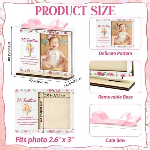 CJiangpo Spanish Baptism Picture Frame - 12 Set Catholic Mi Bautizo Gifts for Girls, Baby Shower Favor Pink Flower Wood Photo Frame with Bows and Clear Plastic Boxes Religious First Communion Decor - Image 2