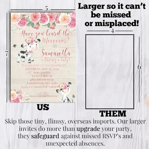 Custom Baby Shower Invites Pink Cow Baby Shower Invitation 20 5x7 Custom Personalized Watercolor Shower Invites With Envelopes - Unique Pink Watercolor Cow Theme - Image 7