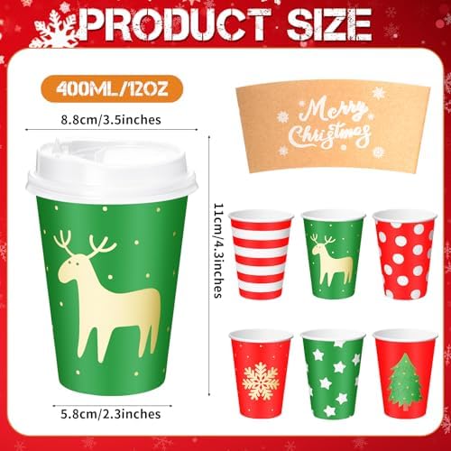 Mimorou 60 Pcs Christmas Disposable Coffee Cups with Lids and Sleeves 12oz Snowflakes Paper Drinking Cups for Xmas Holiday Party Restaurant Business Supplies - Image 2