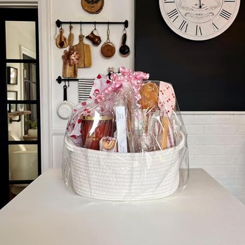 5 Pack Small Woven Cotton Rope Storage Basket with Gifts Bag and Ribbons, Natural Decorative Organizer Bin with Handles for Nursery, Living Room, Closet, Shelf, White - Image 5