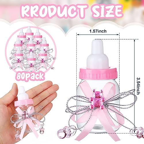 80 Pcs 3.5 Inch Baby Mini Milk Bottle Baby Shower Favor with Small Plastic Bear Candy Bottle with Ribbon for Boy Girl Newborn Baptism Party Decor (Pink) - Image 2