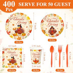 Funnymoom 400 Pcs Thanksgiving Party Supplies for 50 Guests Turkey Fall Leaves Paper Plates and Napkins Cups Disposable Autumn Dinner Parties Set Cutlery for Friendsgiving Fall Party Favor - Image 3