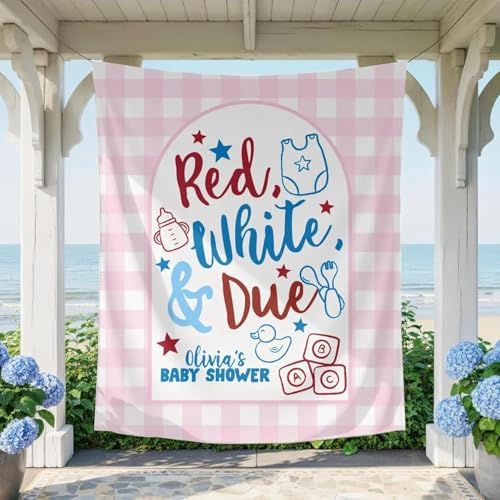 Personalized Red White and Due Baby Shower Banner, Custom Patriotic Backdrop, Pink Gingham Party Decoration, American Theme Welcome Tapestry, Gender Reveal Photo Booth Sign, Fourth of July Decor by Unknown
